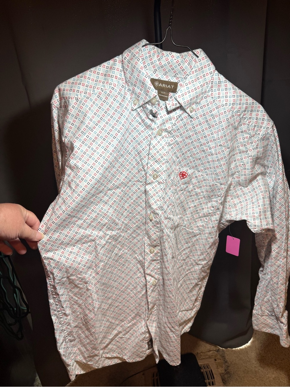 Ariat White Button-Down Shirt with Red & Blue Micro Pattern